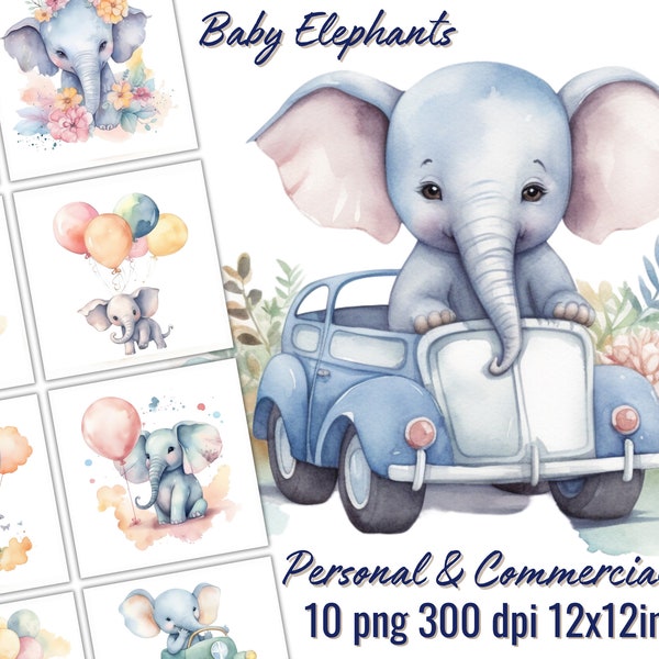 Adorable Elephant Watercolor Clipart Set - Baby Shower Bundle - 10 PNG - Transparent Background - Instant Digital Download - Commercial Use