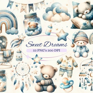 Cliparts de sonhos doces para projetos criativos, designs boho para bebês, gráficos azuis para chá de bebê, arte para berçário, criação de cartões, scrapbooking, sublimação