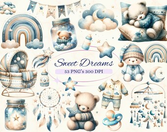 Sweet Dream Cliparts for Creative Project, Boho Baby Designs, Blue Baby Shower Graphics, Nursery Art, Card Making, Scrapbooking, Sublimation