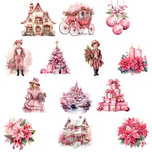 May include: A collection of pink Christmas illustrations featuring a gingerbread house, a carriage, a Christmas tree, a castle, a poinsettia, and a couple of children.