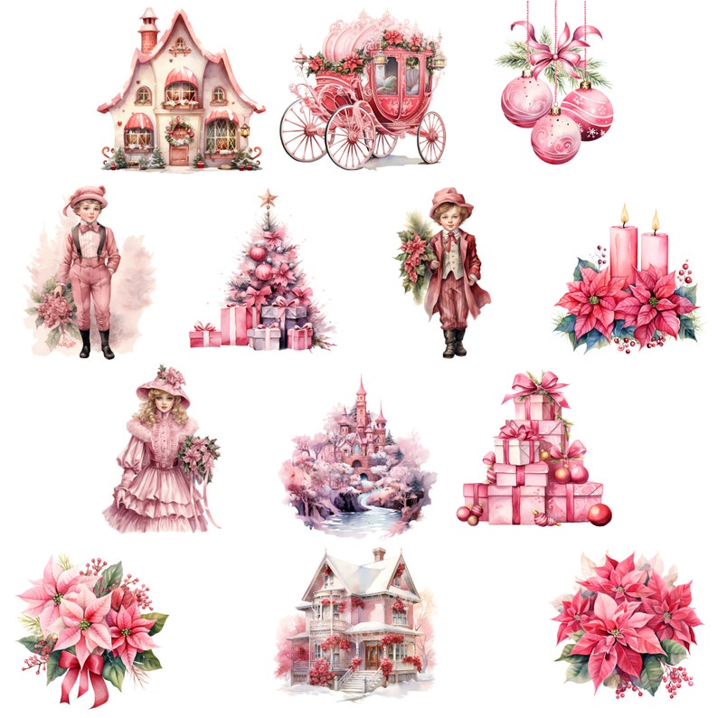 May include: A collection of pink Christmas illustrations featuring a gingerbread house, a carriage, a Christmas tree, a castle, a poinsettia, and a couple of children.