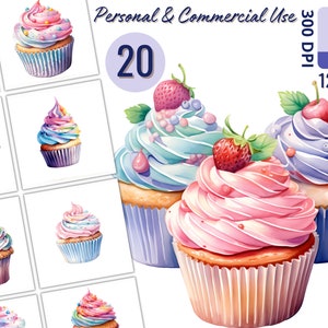 Zoete regenboog cupcakes clipartset voor creatieve projecten, kleurrijke hagelslag, patissier, kaarten maken, collage, scrapbooking, gratis licentie