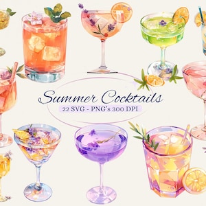 Images de cocktails d'été pour projet créatif, illustrations de cocktails aquarelle vibrantes aux couleurs du coucher du soleil pour menu, scrapbooking, PNG SVG