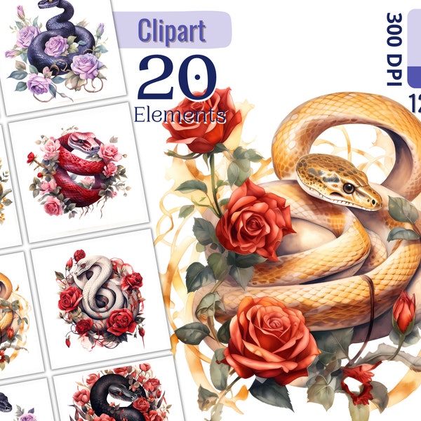 Watercolor Snake Clipart Set for Creative Projects, Surrounded by Flowers, Dark Beauty, Sublimation, Card Making, Paper Crafts, Scrapbooking