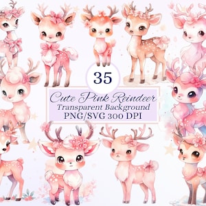 Set di clipart di renne rosa carine per progetti creativi, renne di Natale, grafica invernale natalizia, illustrazione ad acquerello, PNG SVG