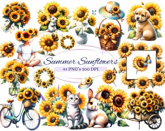 Sommarsolros Clipart för kreativa projekt, blommig sommargrafik, sommarstuga-designer, korttillverkning, scrapbooking, sublimering