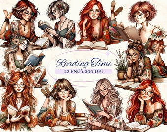 Lästids-clipart för kreativa projekt, bohemisk vårgrafik, bokmalsläsningsbilder, korttillverkning, scrapbooking, sublimering
