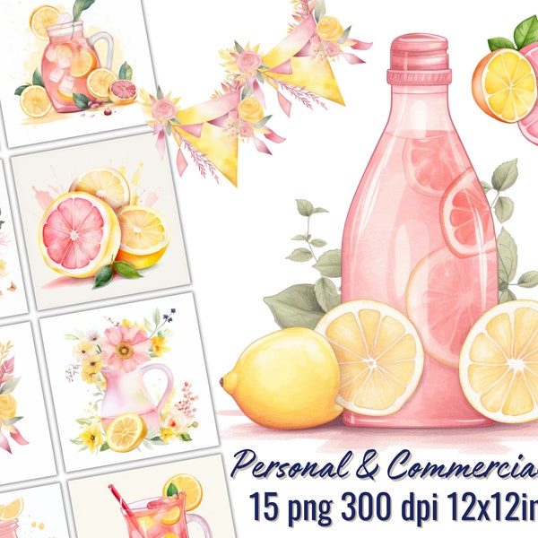 Pink Lemonade Party Clipart Bundle - Watercolor - 15 PNG - Transparent Background - Invitations - Decorations - Stickers - Commercial Use