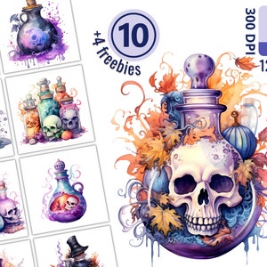 Watercolor Spooky Potions Clipart Set for Creative Projects, Witch&#39;s Potions, Halloween, Card Making, Paper Crafts, Scrapbooking, Ephemera