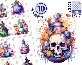Watercolor Spooky Potions Clipart Set for Creative Projects, Witch's Potions, Halloween, Card Making, Paper Crafts, Scrapbooking, Ephemera