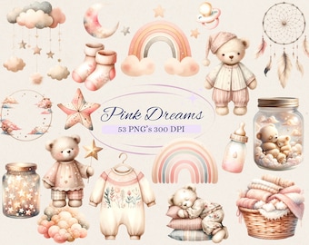 Boho Pink Dreams Clipart Set for Creative Project, Sweer Baby Designs, Pink Baby Shower Graphics, Nursery Art, Card Making, Scrapbooking