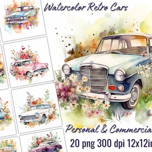 Ensemble de cliparts aquarelle voitures rétro, 20 PNG, voitures vintage Bundle, voiture classique, fleurs sauvages, art mural, fabrication de cartes, scrapbooking, cadeau pour papa