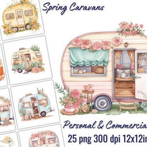 Spring Caravan Watercolor Clipart, 25 PNG, Road Trip, Outdoor Activies, Transparent Background, Sublimation, Scrapbooking, Decoration