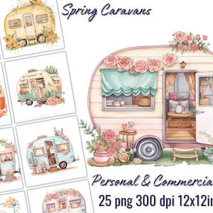 Caravana de primavera en acuarela (25 PNG), viaje por carretera, actividades al aire libre, fondo transparente, sublimación, scrapbooking, decoración