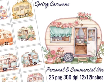 Peut inclure: Illustrations à l'aquarelle de caravanes vintage décorées de fleurs. Le texte "Spring Caravans" et "Personal & Commercial Use 25 PNG 300 dpi 12x12 inches" est inclus. Les caravanes sont dans des couleurs pastel, avec des arrangements floraux.