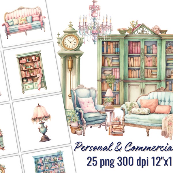 Cottagecore Living Room Clipart Set for Creative Projects, 25 PNG, Transparent background, Collage, Card Making, Scrapbooking, Free License