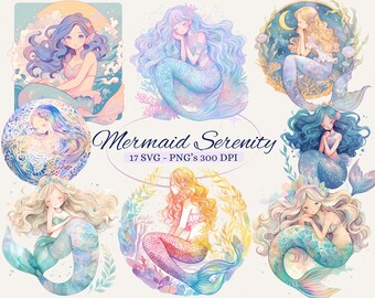 Mermaid Serenity Cliparts for Creative Project, Pastel Mermaid Illustrations, Nursery Wall Art, Card Making, Scrapbooking, Ephemera, PNG SVG