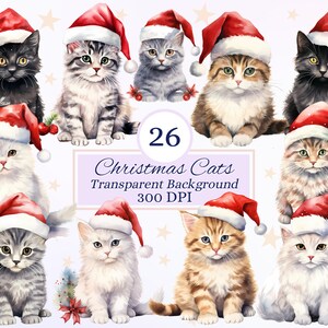 Ensemble de cliparts chats de Noël pour projets créatifs, cadeau de Noël Design hivernal, graphique de Noël fantaisiste pour les amoureux des chats, Illustration aquarelle