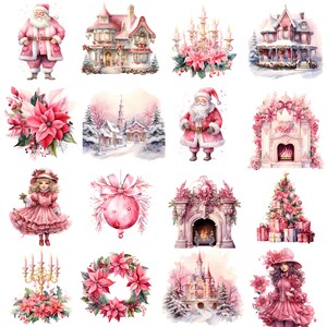 May include: A collection of 12 watercolour illustrations featuring pink and white Christmas themes. The illustrations include a Father Christmas, a Christmas tree, a fireplace, a house, a candle, a poinsettia, a Christmas bauble, and a girl in a pink dress.
