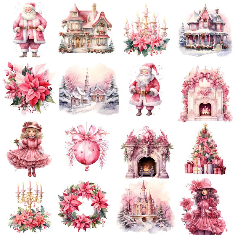 May include: A collection of 12 watercolour illustrations featuring pink and white Christmas themes. The illustrations include a Father Christmas, a Christmas tree, a fireplace, a house, a candle, a poinsettia, a Christmas bauble, and a girl in a pink dress.
