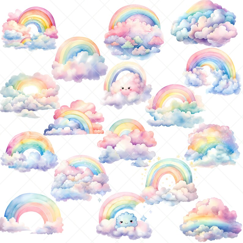 May include: A set of 15 watercolor illustrations featuring rainbows and clouds. The rainbows are in various colors and sizes, and the clouds are fluffy and white. Some of the clouds have cute faces drawn on them.