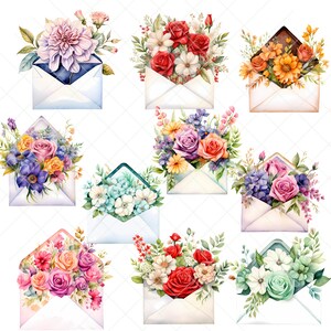 May include: Nine watercolour illustrations of envelopes with different floral arrangements bursting out of them. The envelopes are white and the flowers are in various colours, including red, pink, yellow, blue, and purple.
