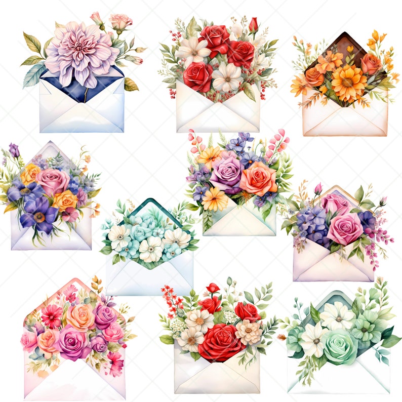 May include: Nine watercolour illustrations of envelopes with different floral arrangements bursting out of them. The envelopes are white and the flowers are in various colours, including red, pink, yellow, blue, and purple.