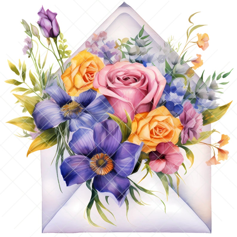 May include: A watercolour painting of a bouquet of flowers, including pink roses, yellow roses, purple anemones, and blue forget-me-nots, arranged in a white envelope.