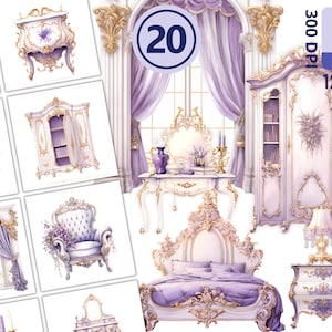May include: A set of 20 digital illustrations of ornate furniture and decor in a purple and gold colour scheme. The set includes a bed, a vanity, a chair, a nightstand, a wardrobe, and other decorative elements.