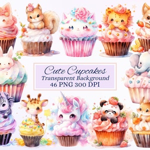 Niedliche Cupcakes Clipart-Bundle für kreatives Projekt, niedliche Tier Designs, Kinderzimmer Kunst, Kartenherstellung, Scrapbooking, Sublimation, Ephemera, PNG