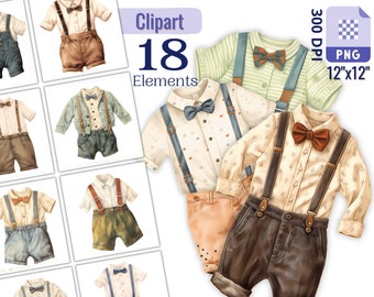 Vintage Baby Boy Outfit Clipart Set for Creative Projects, Ephemera, Transparent background, Collage, Card Making, Scrapbooking, Sublimation