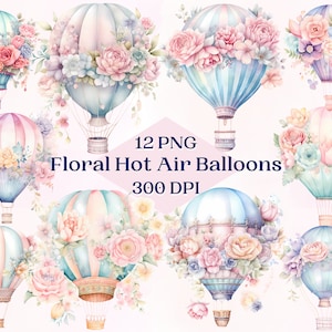 Clipart di mongolfiere floreali per progetti, decorazioni da parete per cameretta dei bambini, effimere digitali, sublimazione, scrapbooking, collage e decoupage