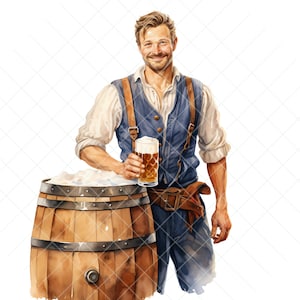 May include: A man wearing a blue vest and suspenders holds a glass of beer in front of a wooden barrel. The barrel is made of wood and has metal bands around it.