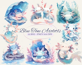May include: A set of 25 digital illustrations of blue and pink axolotls in various poses. The axolotls are depicted in a watercolor style and are surrounded by water plants and bubbles. The text "Blue Tone Axolotls 25 SVG - PNG's 300 DPI" is written in a blue font at the bottom of the image.