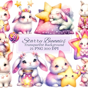 Starry Bunnies Cliparts für kreatives Projekt, niedliche Tiergrafiken, Kinderzimmer-Wandkunst, Kartenherstellung, Scrapbooking, Sublimation, Ephemera, PNG