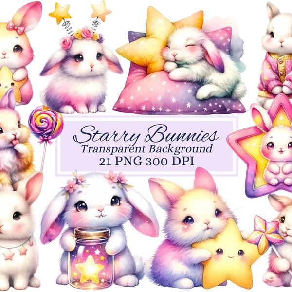 Starry Bunnies Cliparts for Creative Project, Cute Animal Graphics, Nursery Wall Art, Card Making, Scrapbooking, Sublimation, Ephemera, PNG