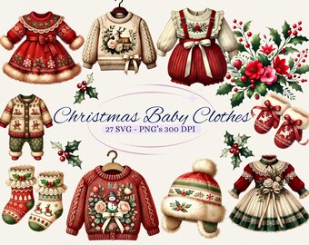 May include: A set of 27 Christmas baby clothes SVG and PNG files, featuring a variety of designs including a red dress with white trim, a white sweater with a reindeer design, a red sweater with a snowman design, and a red and white hat with a pom-pom. The files are 300 DPI.