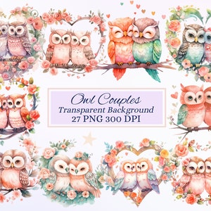 Ensemble de cliparts couples chouette pour projets créatifs, conception d'oiseau en fleurs, fabrication de cartes de la Saint-Valentin, scrapbooking, sublimation, éphémère, PNG