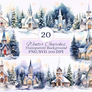 Ensemble de cliparts églises d'hiver pour projets créatifs, conception de Noël, pins et églises sous la neige, illustration aquarelle, PNG SVG