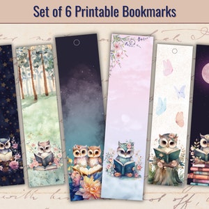 May include: Set of six printable bookmarks featuring owls reading books. The bookmarks have different designs, including a starry night sky, a forest scene, a moonlit night, and a floral design.