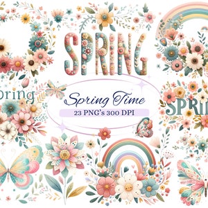 Imágenes prediseñadas de primavera para proyectos creativos, gráficos florales de primavera, gráficos florales de colores primaverales, creación de tarjetas, scrapbooking, sublimación