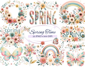 May include: A set of 23 spring-themed digital illustrations featuring butterflies, rainbows, flowers, and the word "Spring" in various styles. The illustrations are in a pastel color palette and have a whimsical, vintage aesthetic.