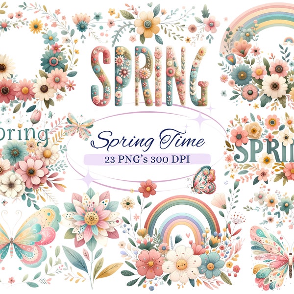 Spring Time Cliparts für kreatives Projekt, Blumenfrühlingsgrafiken, Frühlingsfarben Floralgrafiken, Kartenherstellung, Scrapbooking, Sublimation