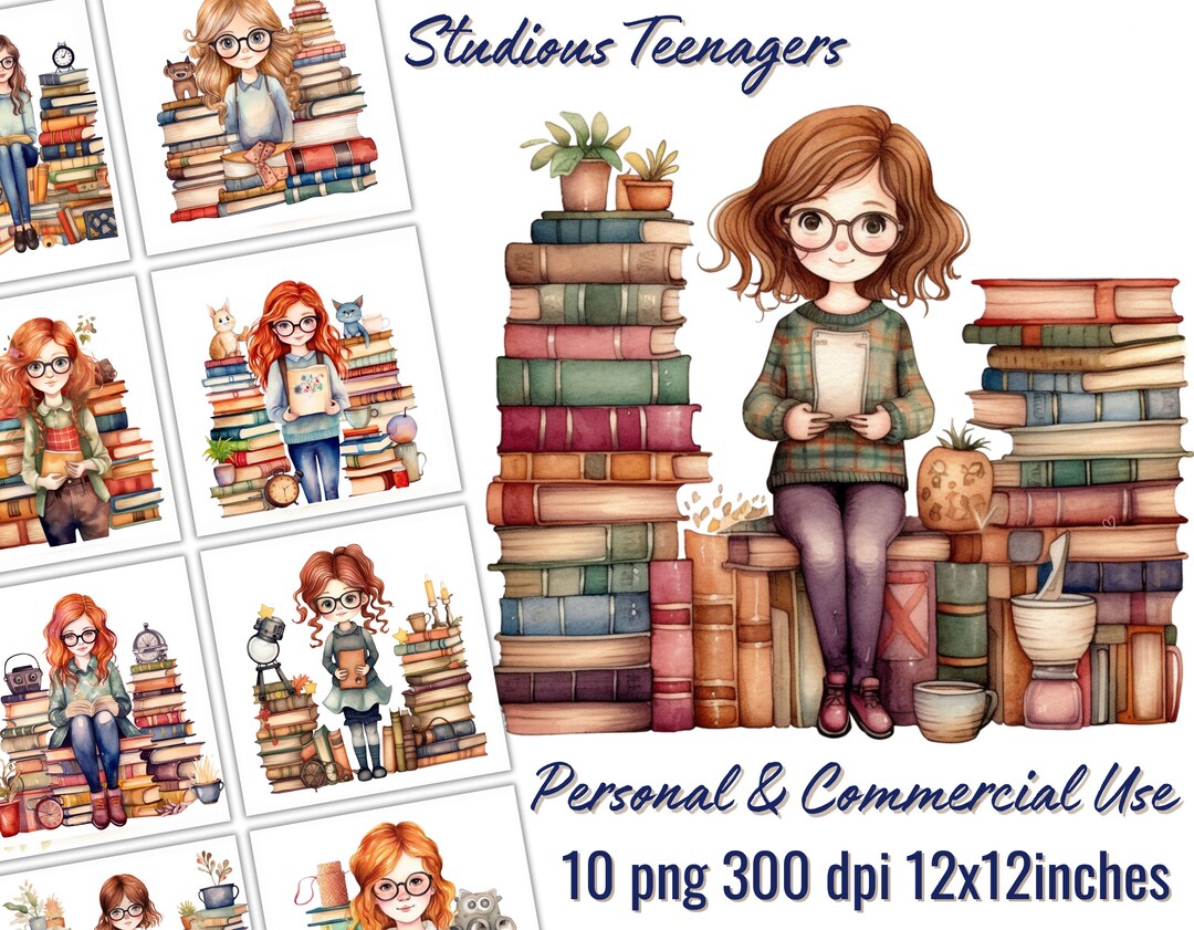 Watercolor Studious Teenagers Clipart Set, 10 PNG HQ, Transparent ...