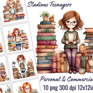 May include: Ten digital illustrations of teenage girls with glasses, surrounded by stacks of books. The girls are wearing casual clothing and holding books. The illustrations are in a watercolor style and have a whimsical feel.  The text "Studious Teenagers" is at the top of the image. The text "Personal & Commercial Use" and "10 png 300 dpi 12x12inches" is at the bottom of the image.