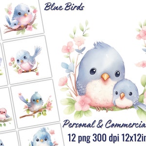 Schattige blauwe vogel clipartcollectie voor decor kinderkamer, 12 png, babyshower, kaarten maken, wanddecoratie, uitnodigingen, transparante achtergrond
