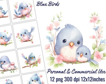 Adorable Blue Bird Clipart Collection for Nursery Decor, 12 PNG,  Baby Shower, Card Making, Wall Decor, Invitations,  Transparent Background