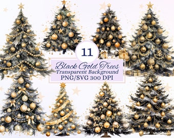 Black Christmas Tree Clipart Set for Creative Projects, Xmas Winter Design, Graphic, Luxurious Christmas, Watercolor Illustration, PNG SVG