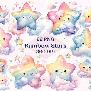 Regenbogen Sterne Clipart-Set für kreatives Projekt, wunderliche Kinderzimmer-Wandkunst, digitale Ephemera, Sublimation, Scrapbooking, Collage, Decoupage