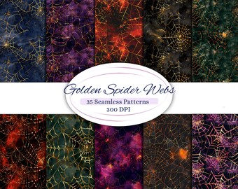May include: A set of 35 digital seamless patterns featuring golden spiderwebs on a variety of dark backgrounds, including purple, red, green, and black. The patterns are 300 DPI.